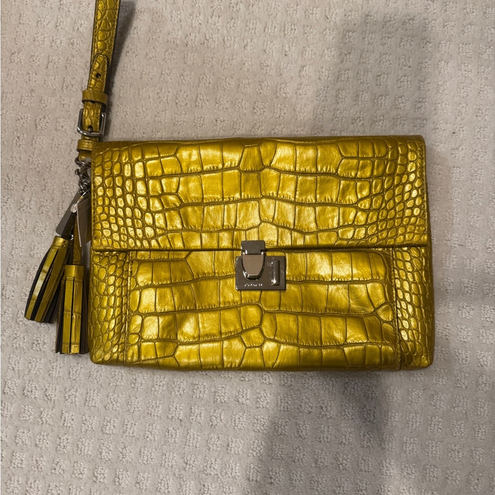 Yellow Crocodile Embossed Coach Bag